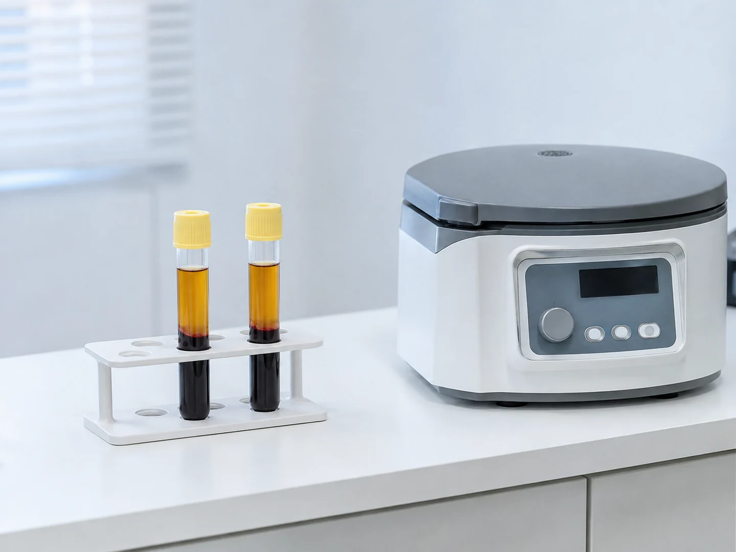 AI-generated explanatory image of blood collection tubes and a centrifuge, not the clinic's equipment