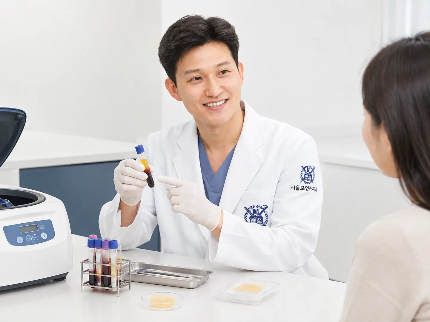 혈액 분리용 튜브와 원심분리기를 표현한 AI 생성 설명 이미지, 실제 병원 장비 아님